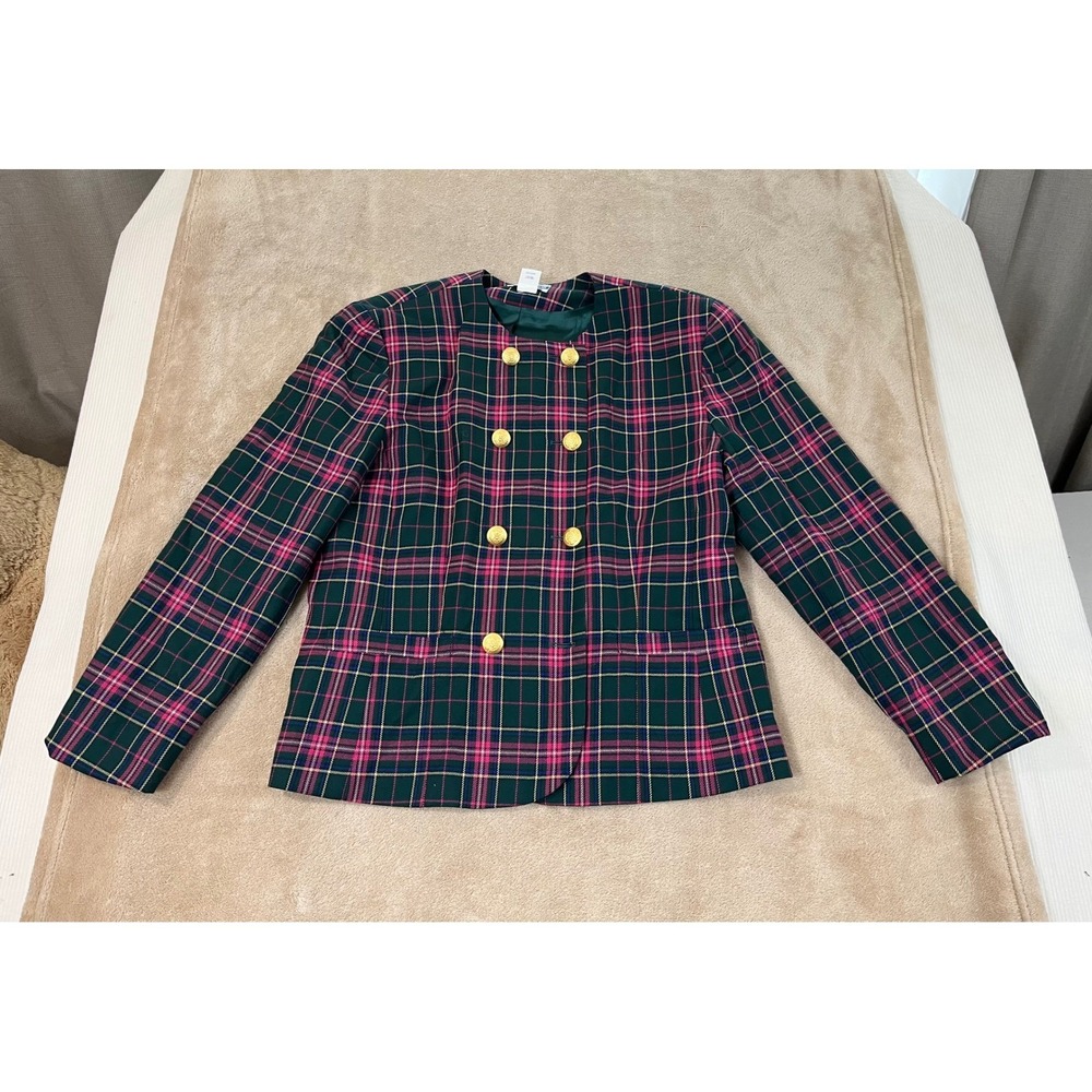 Vtg Pendleton Wool Skirt Suit Set Women 16 Green Pink Plaid Blazer Pleated Skirt - Picture 2 of 16